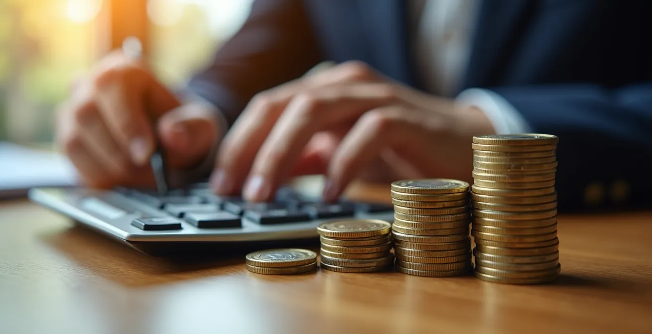 Mains calculant des économies avec calculatrice et monnaie