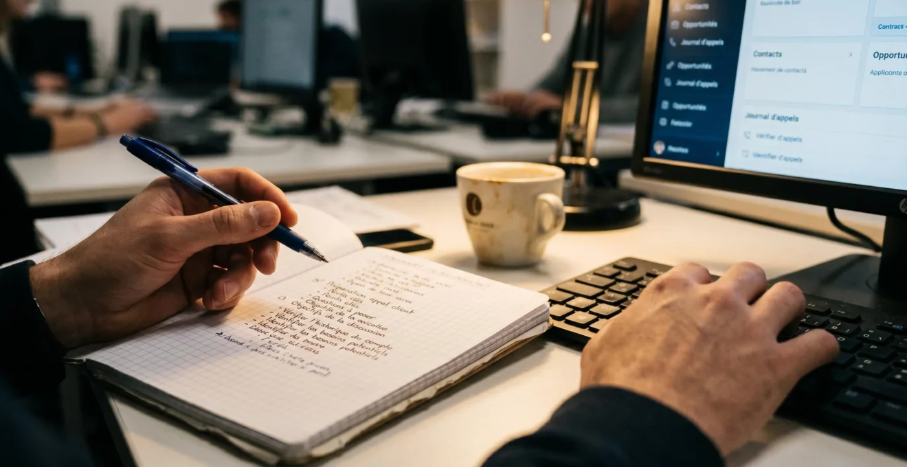 Gros plan sur les mains d'un closer préparant un appel commercial, écrivant une checklist dans un carnet, avec ordinateur et interface CRM en arrière-plan