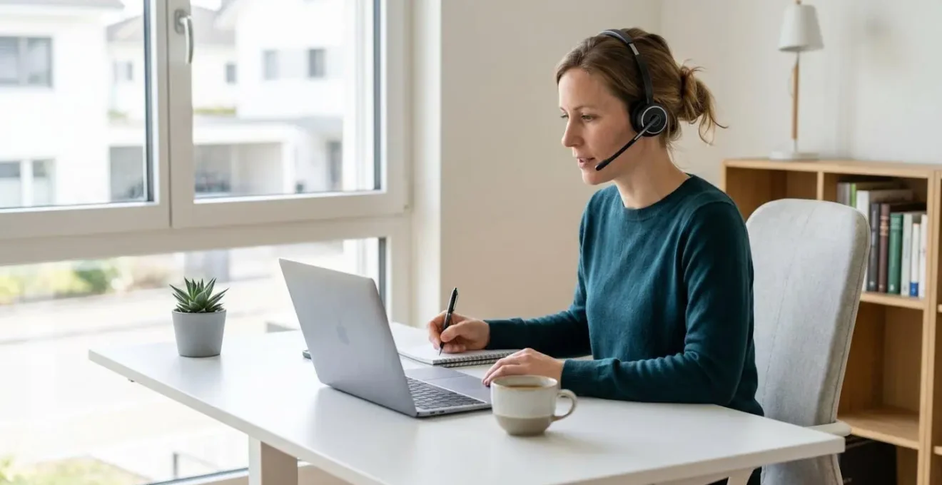 Professionnel du closing en appel téléphonique, travaillant depuis un bureau contemporain épuré avec casque micro, posture confiante et concentrée
