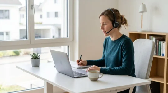 Professionnel du closing en appel téléphonique, travaillant depuis un bureau contemporain épuré avec casque micro, posture confiante et concentrée