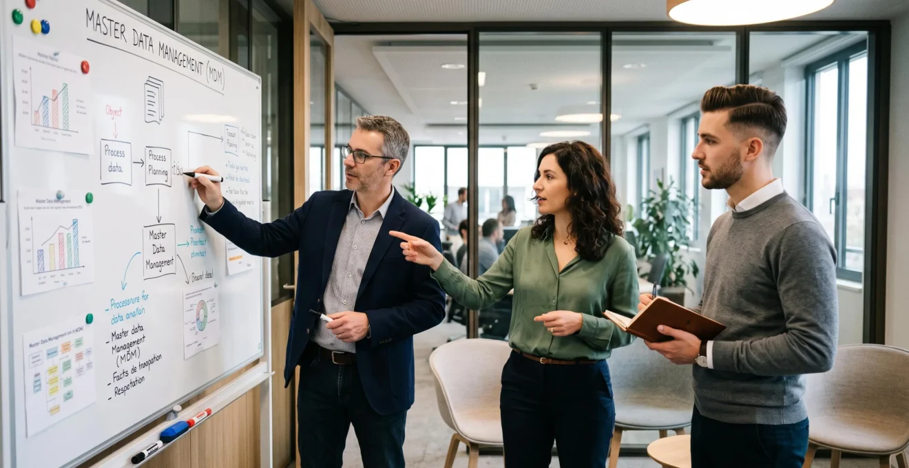 Équipe pluridisciplinaire en atelier de travail sur la gouvernance des données autour d'un tableau blanc