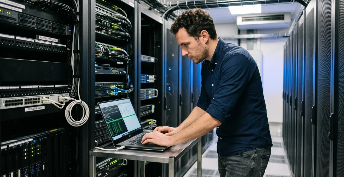 Ingénieur systèmes configurant l'intégration de données dans une salle serveur d'entreprise moderne
