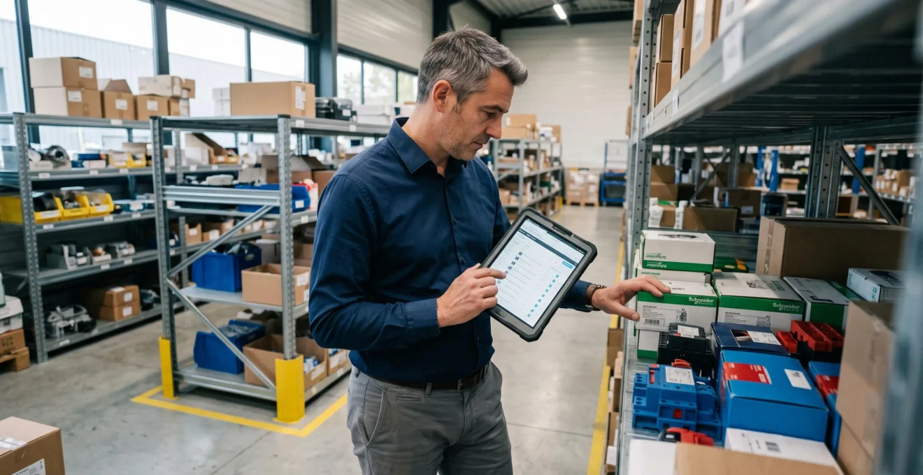 Responsable données consultant des références produits sur tablette dans un environnement de distribution professionnelle moderne