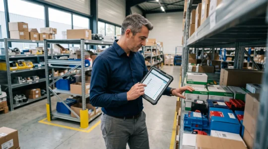 Responsable données consultant des références produits sur tablette dans un environnement de distribution professionnelle moderne