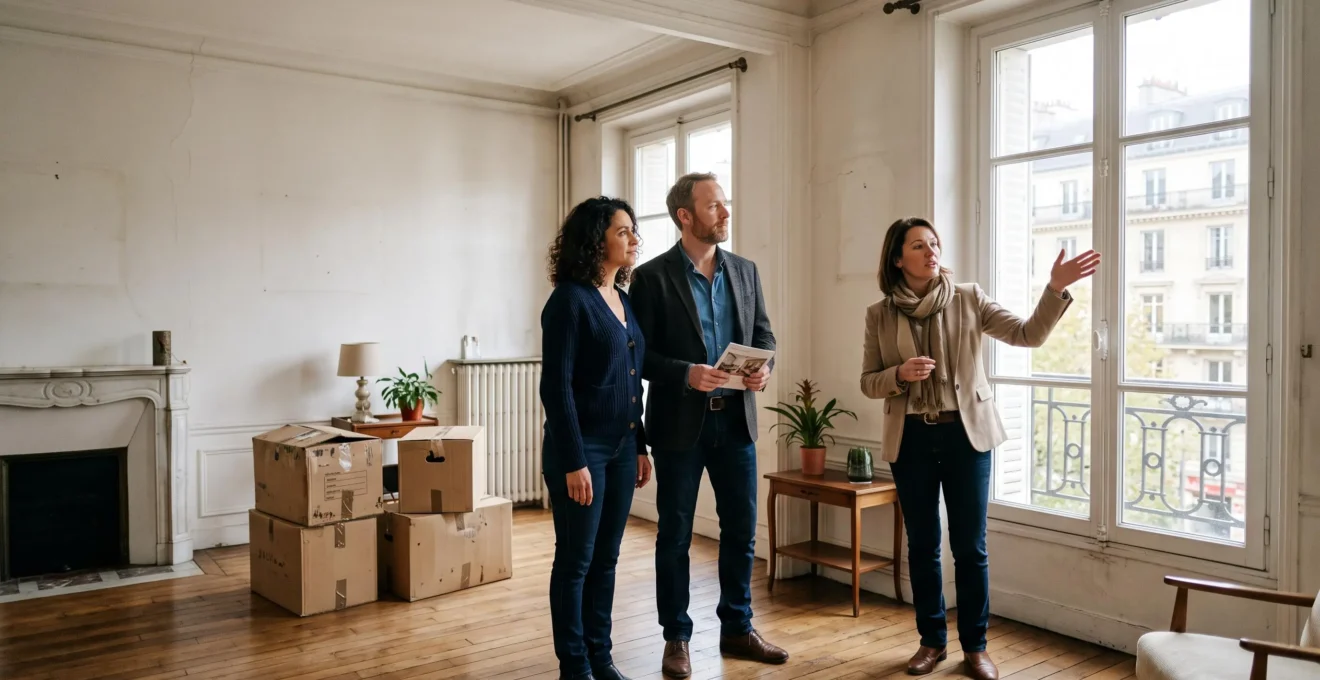 Un couple visite un appartement lumineux accompagné d'un agent immobilier.
