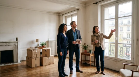 Un couple visite un appartement lumineux accompagné d'un agent immobilier.