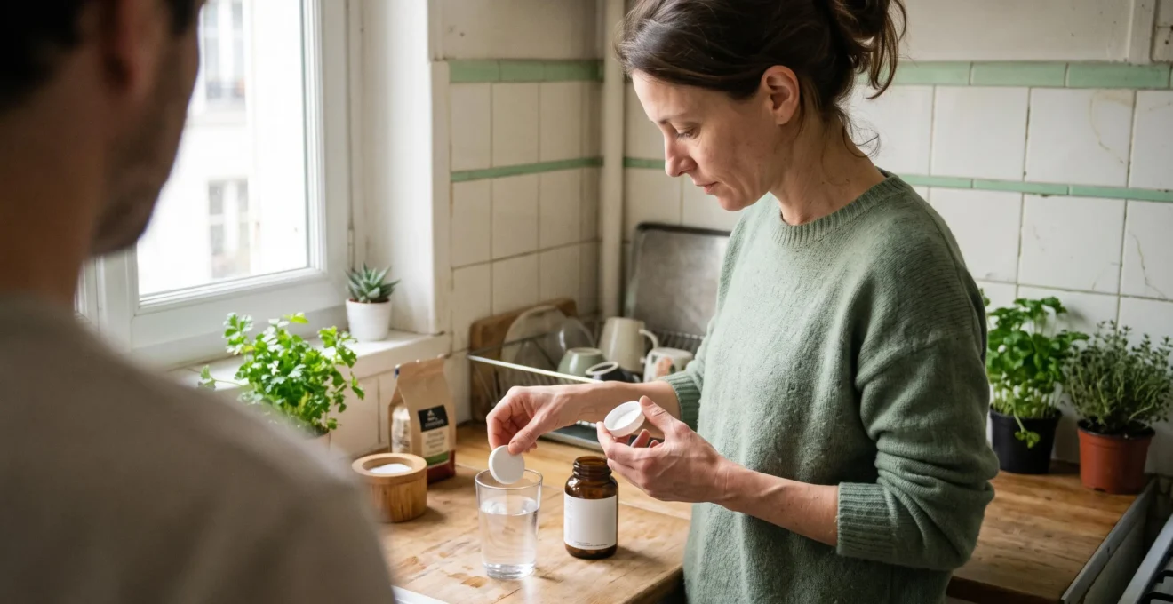 Une femme prépare un complément effervescent dans un verre dans sa cuisine
