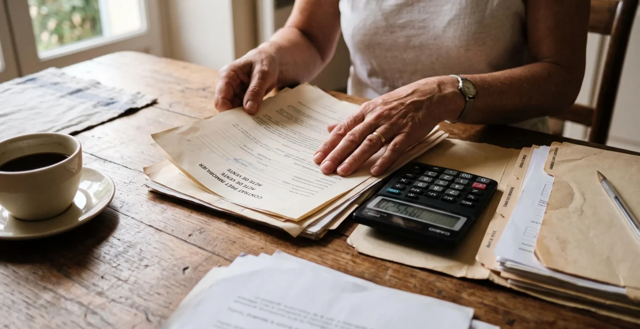 Des mains trient des documents de prêt avec une calculatrice sur une table.