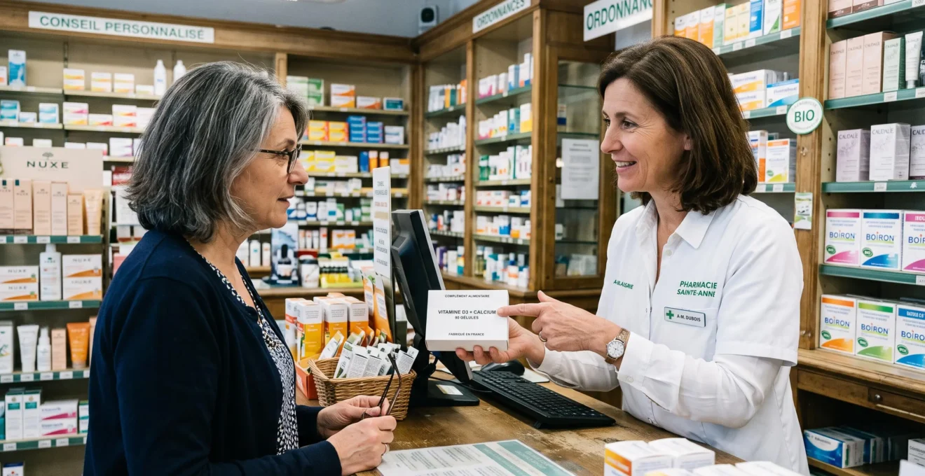 Une pharmacienne conseille une cliente devant un rayonnage de compléments